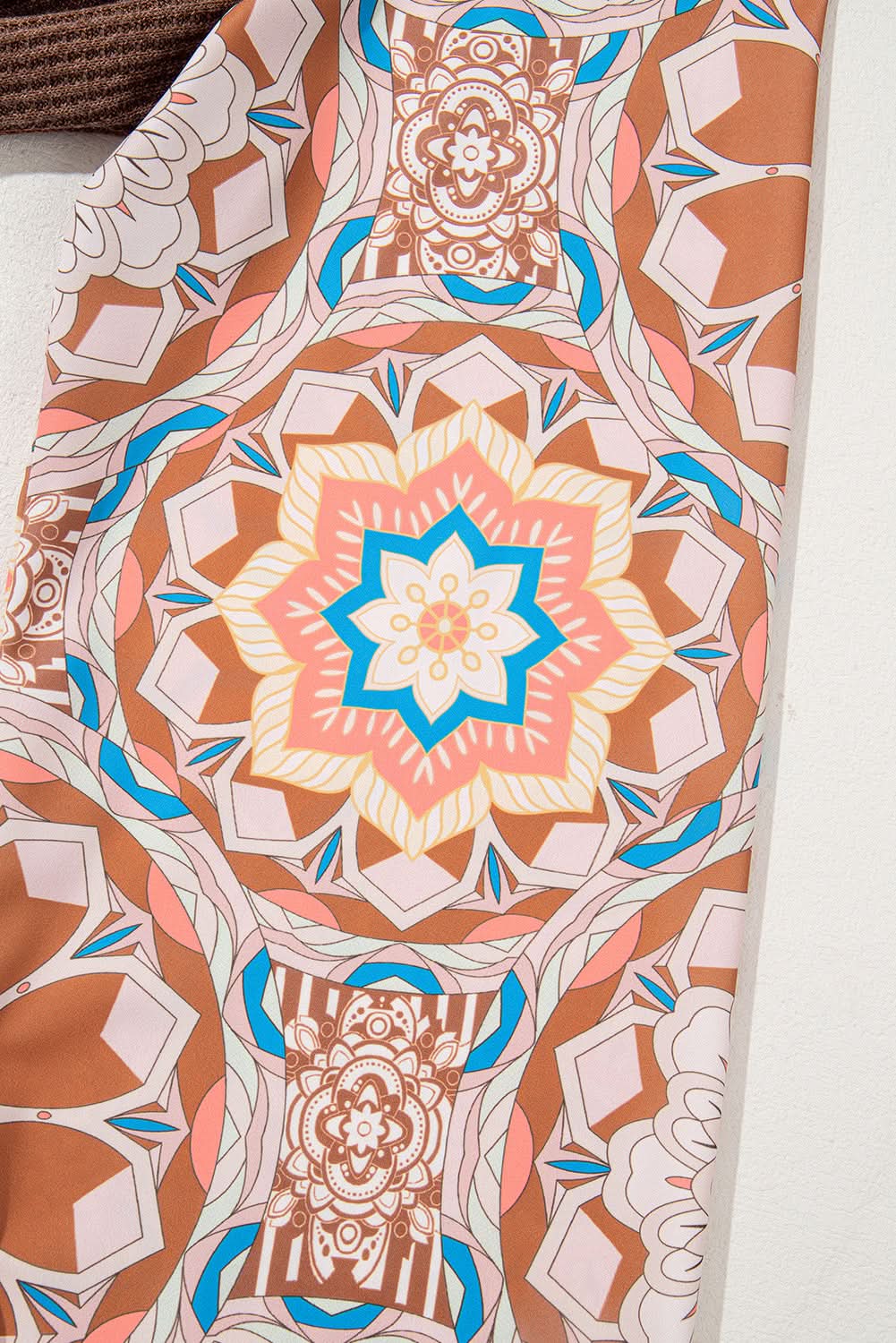 Coffee Ruffled Floral Sleeve Patchwork Waffle Knit O Neck Blouse - Love Salve